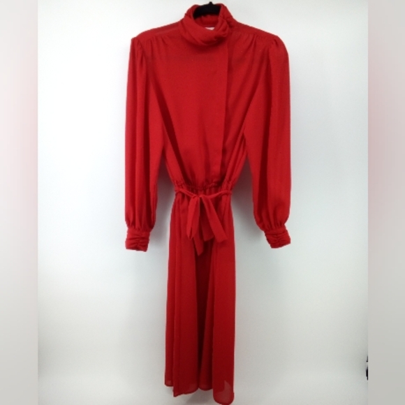 Vintage Ms. Chaus Red Dress 100% Polyester Hidden Buttons Pockets Sheer 10 - Picture 1 of 12